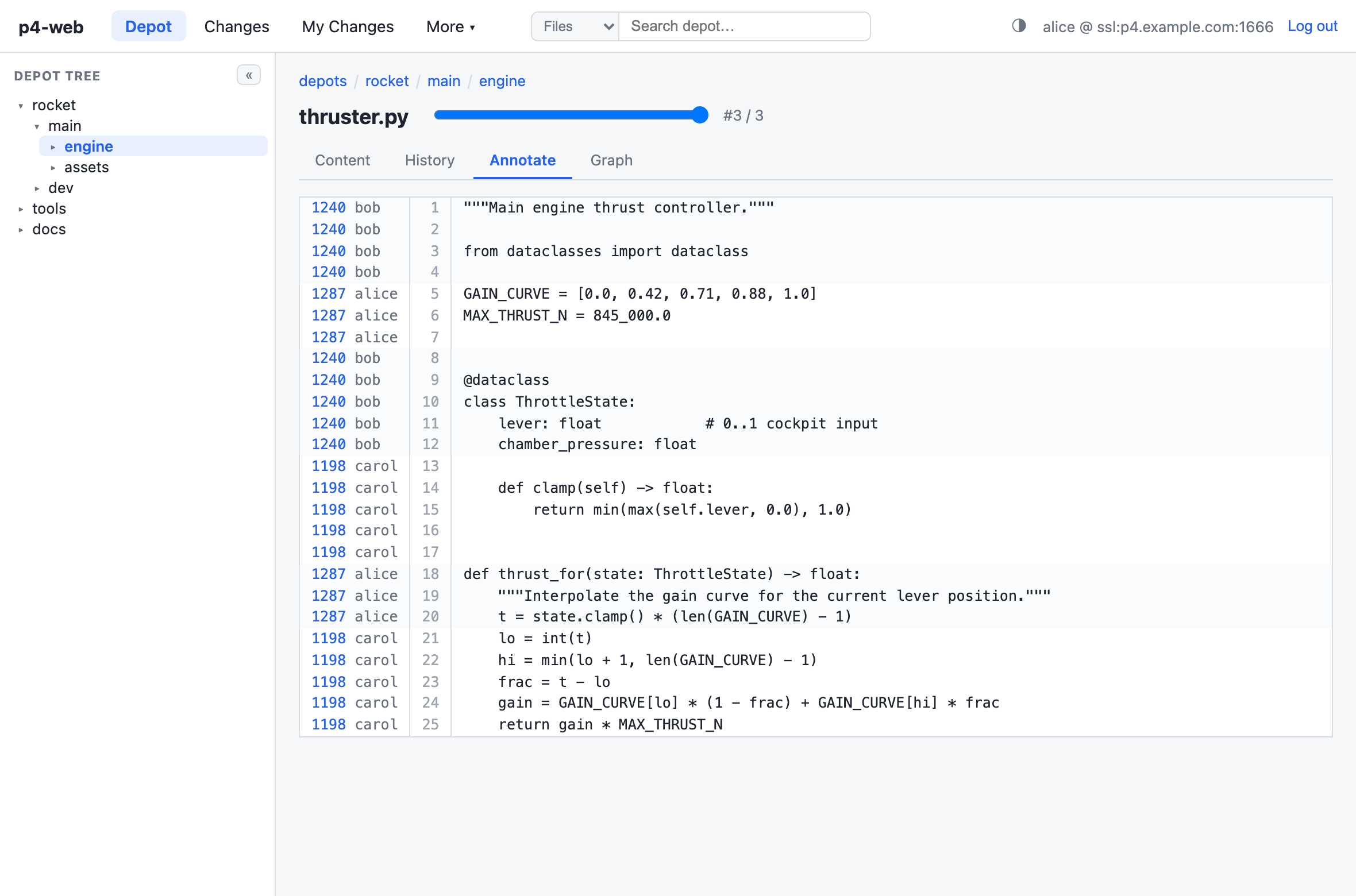 Annotate view with per-line changelist and author gutter and a revision time-lapse slider
