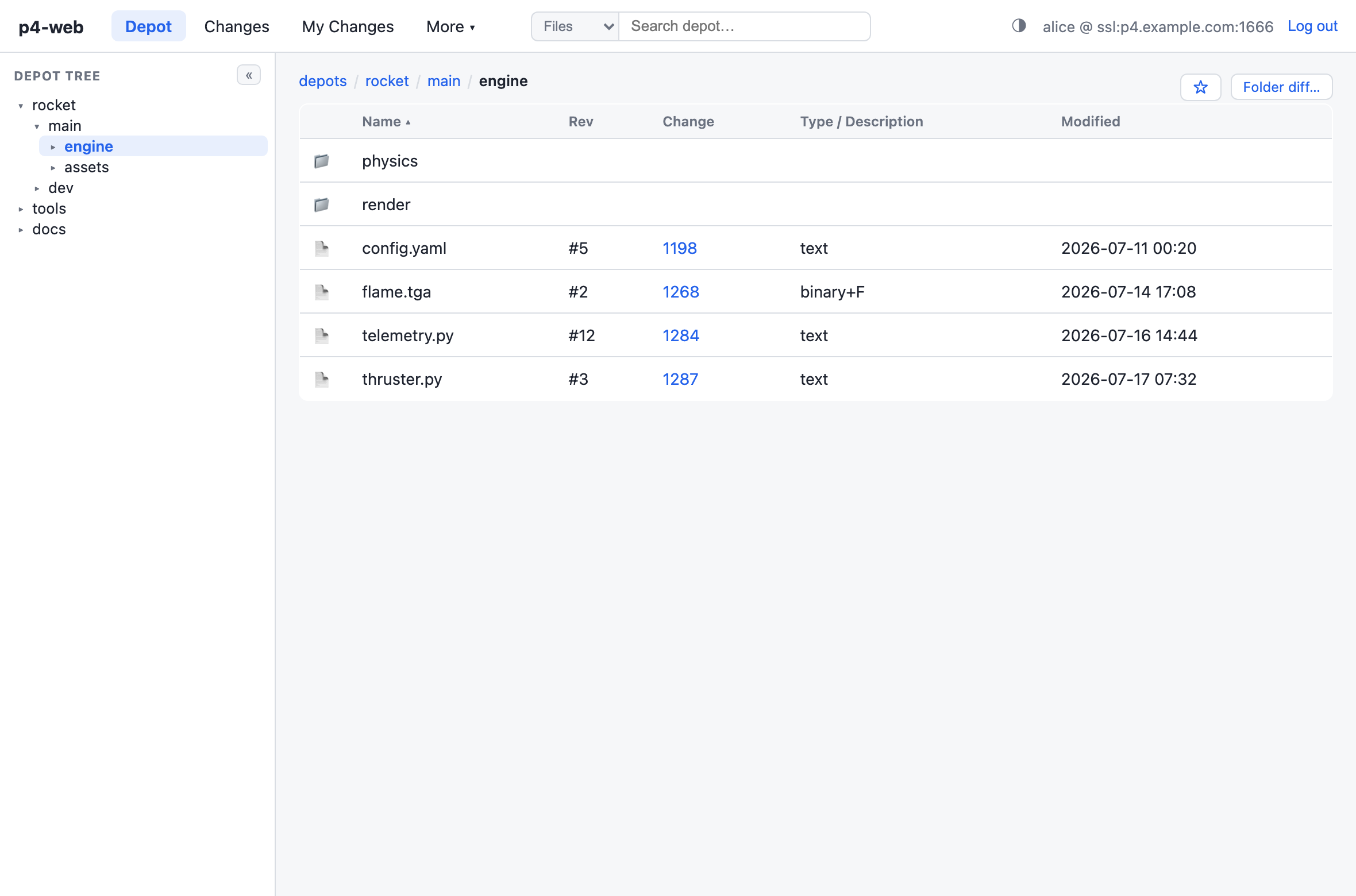 Depot browser with tree sidebar, breadcrumbs, and a sortable file listing