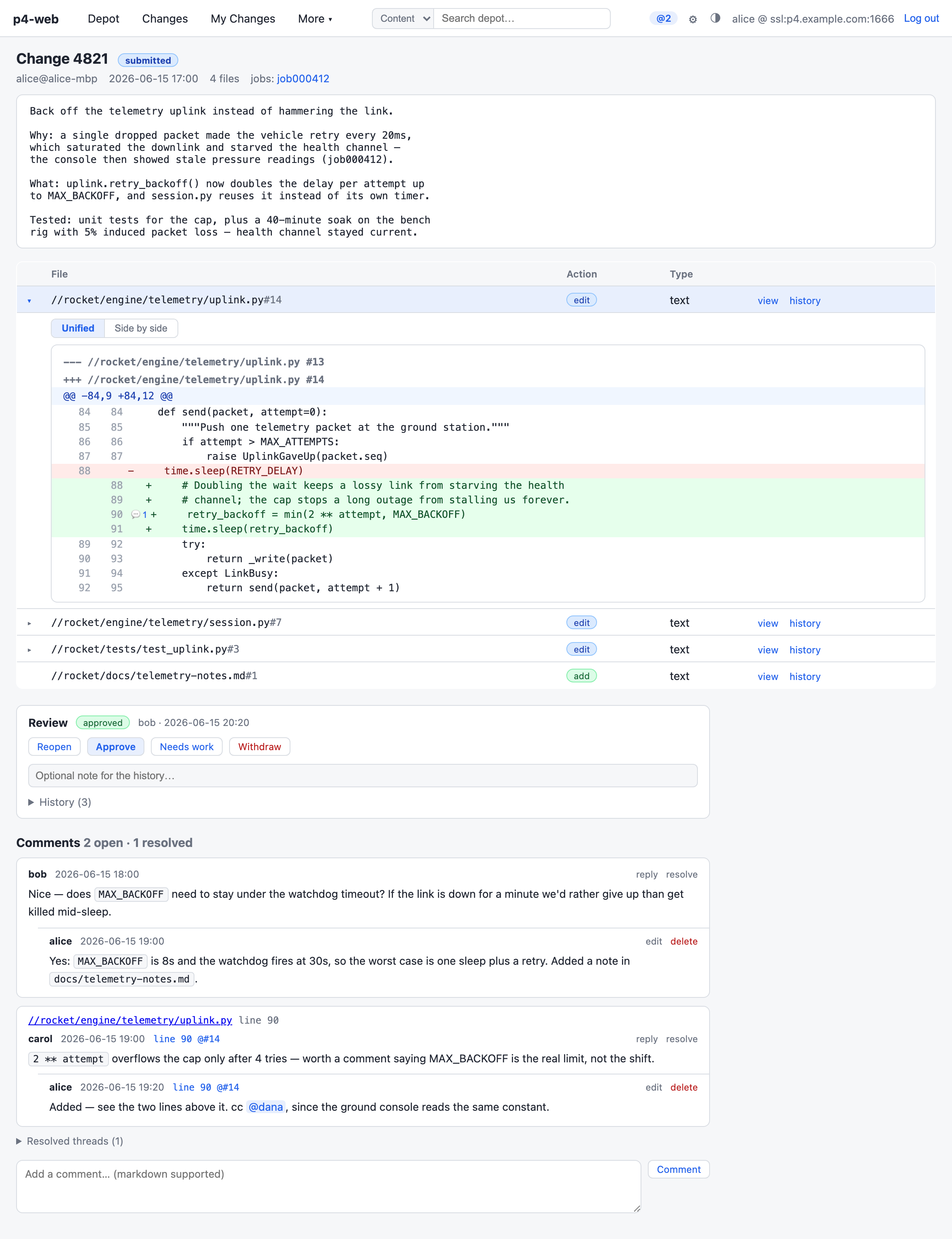 Change detail page: description, file list with one diff expanded inline, and a comment thread