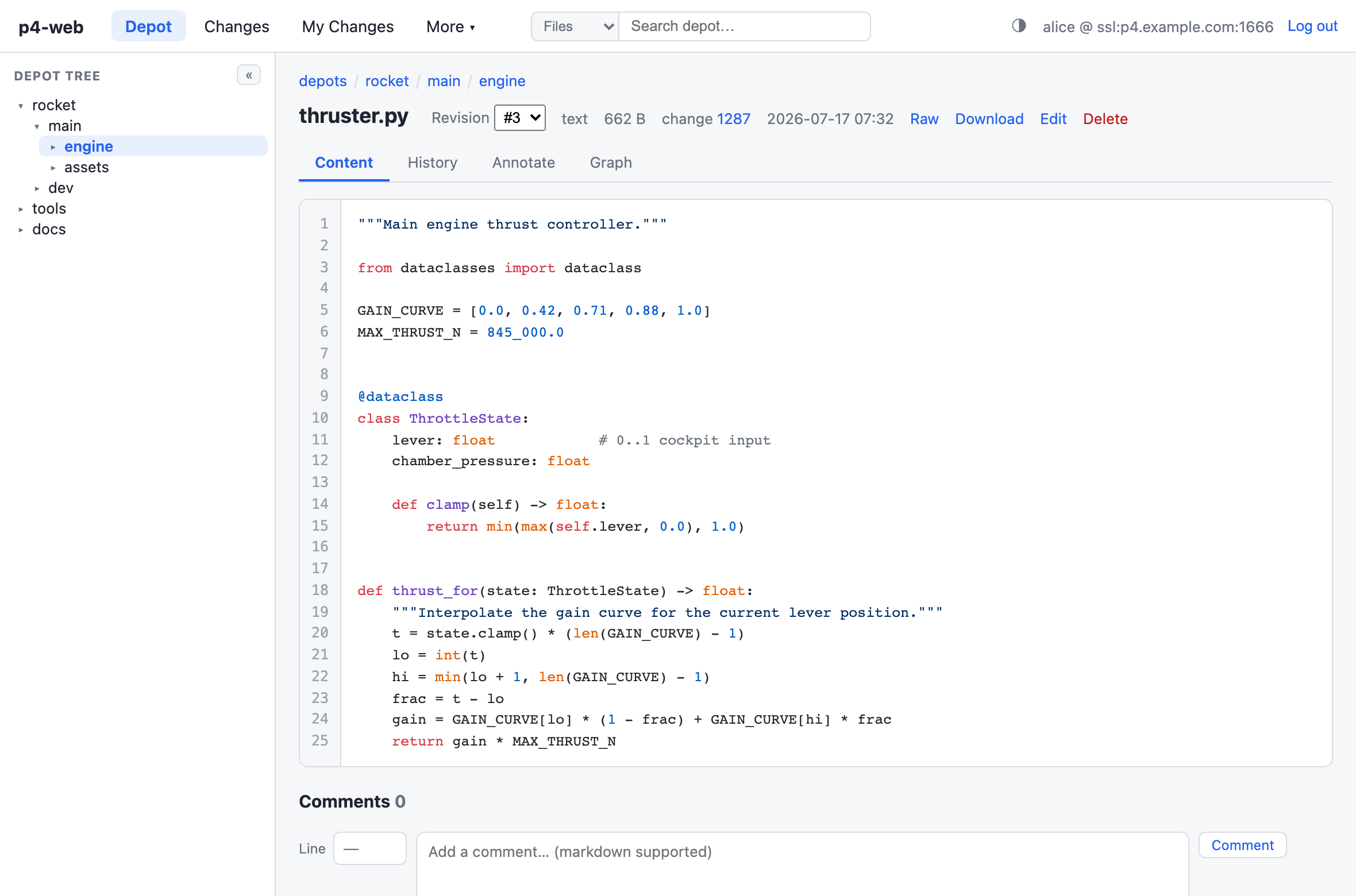 File viewer showing syntax-highlighted Python with line numbers, revision dropdown, and comment box