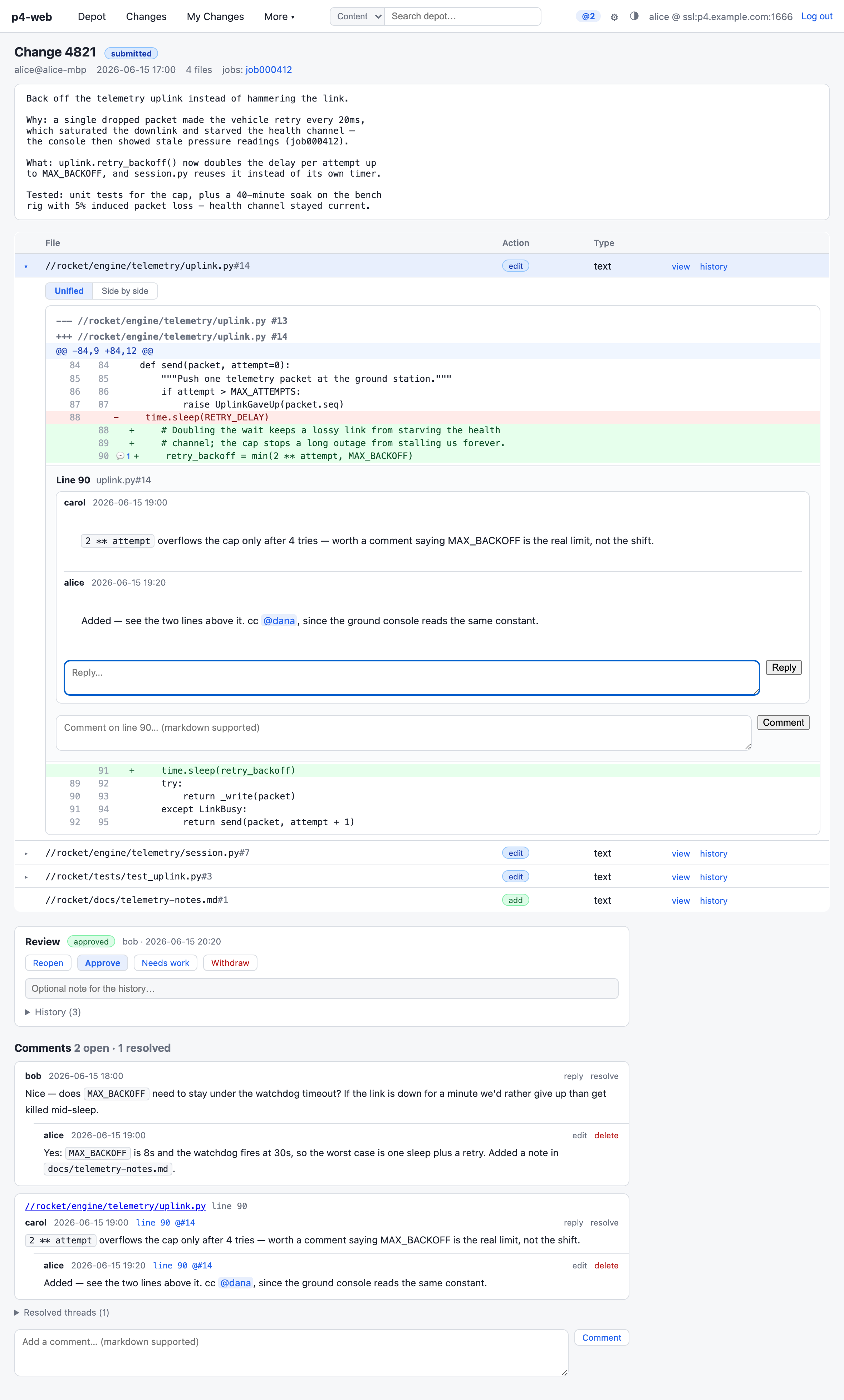 A changelist with one diff expanded and a comment thread open under line 90, plus the review bar and comment panel below