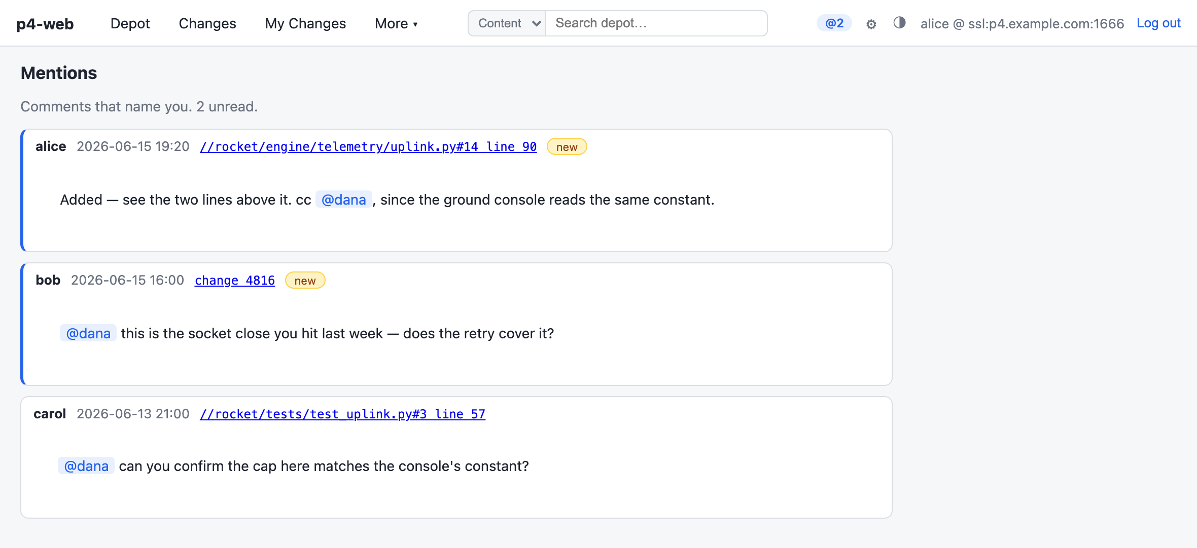 Mentions page listing comments that named you, with unread ones marked