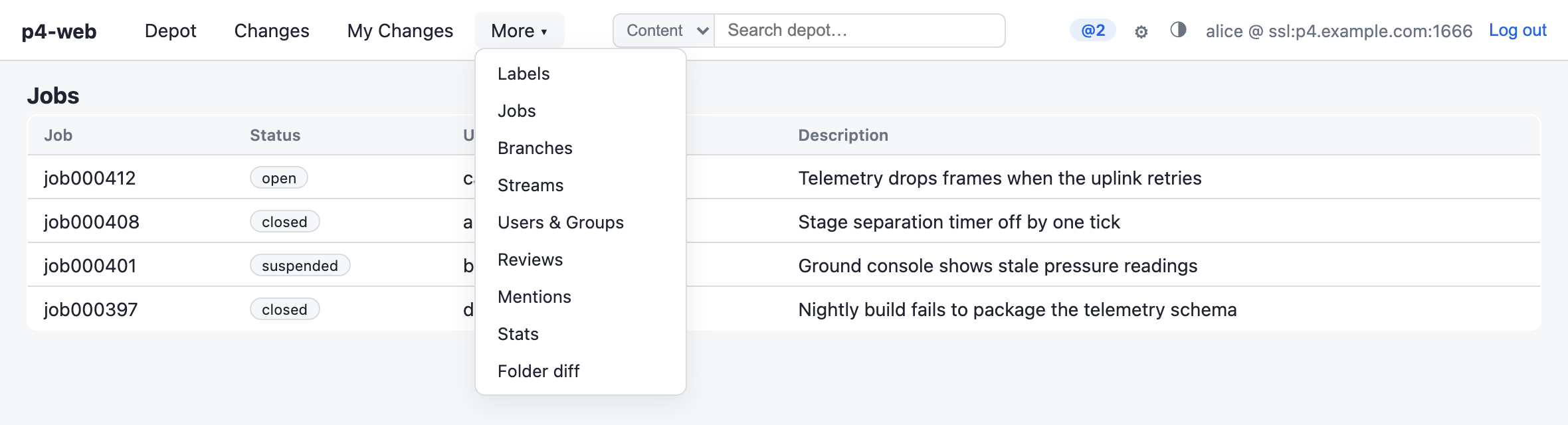 Jobs browser with the More menu open, listing Labels, Jobs, Branches, Streams, Users and Groups, and Folder diff