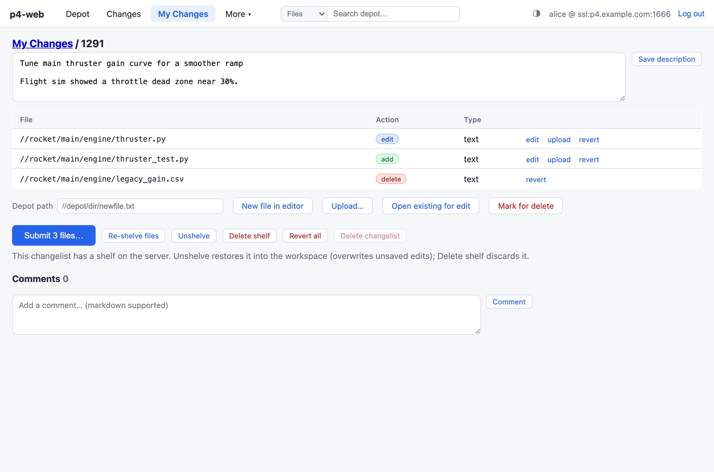 My Changes detail page with description editor, file list with actions, and submit/shelve buttons