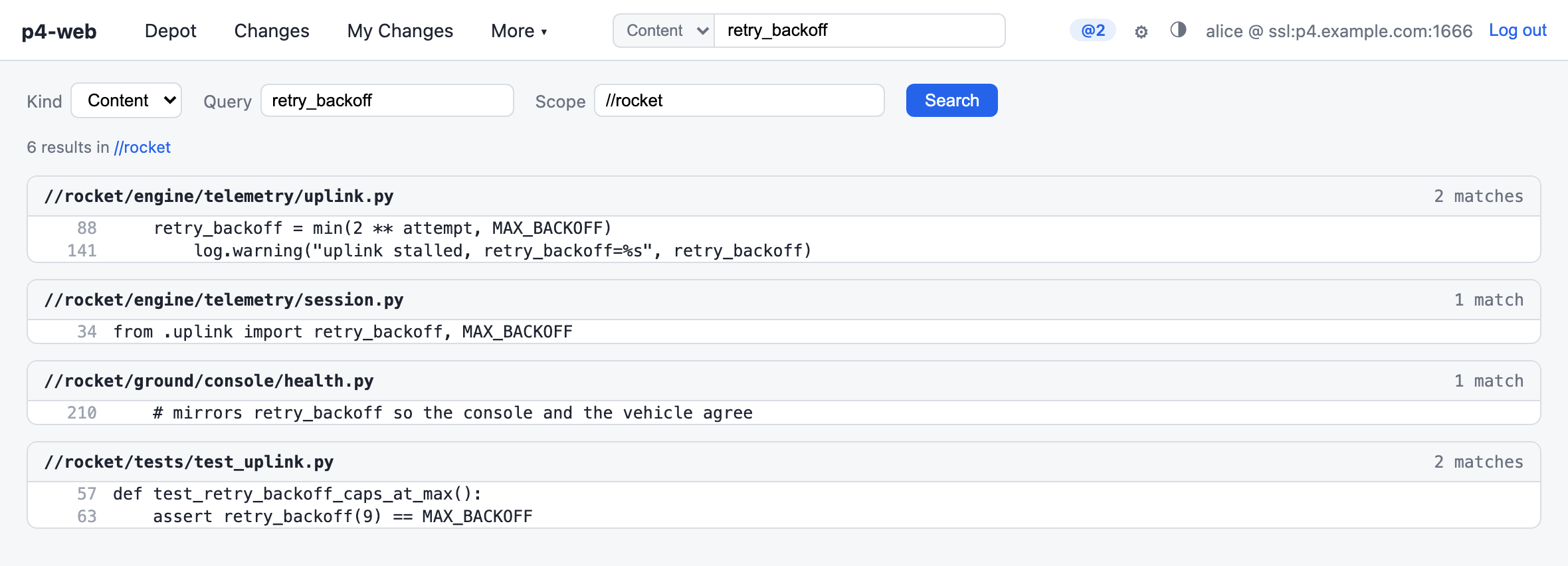 Content search results grouped by file, each line linking into the file viewer