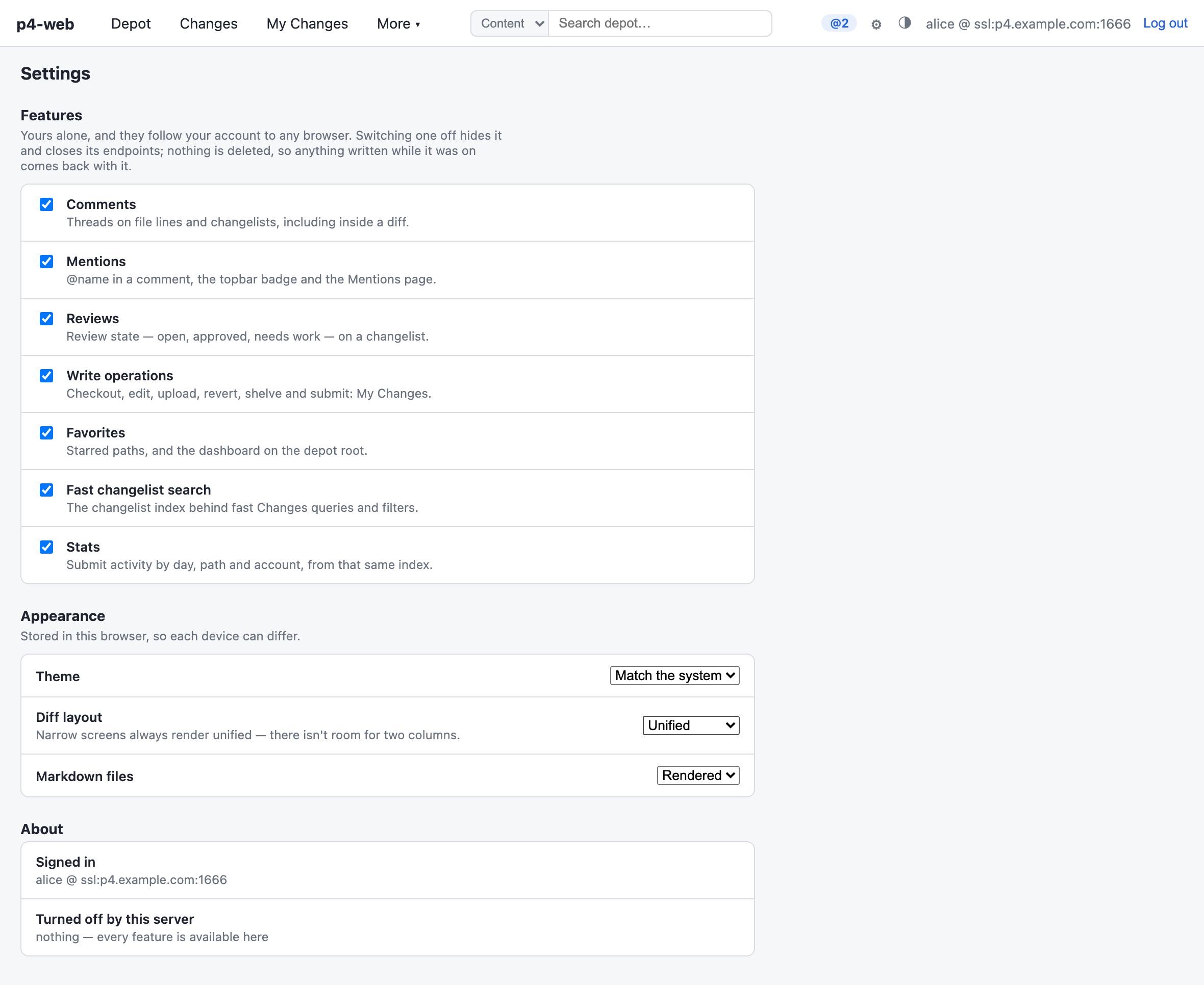 The Settings page: a Features list with checkboxes for comments, mentions, reviews, write operations, favorites, fast changelist search and stats, an Appearance list with theme, diff layout and markdown view, and an About section